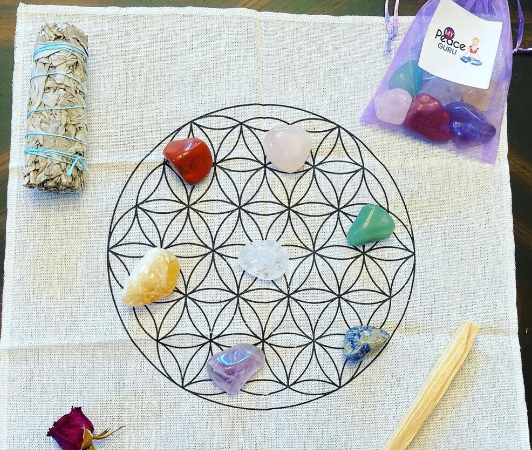 Flower of life crystal grid cloth kit with sage bundle, palo santo and chakra crystals