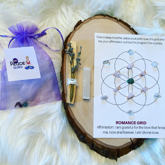 Romance crystal grid kit with affirmation card, palo santo, selenite and crystal pouch