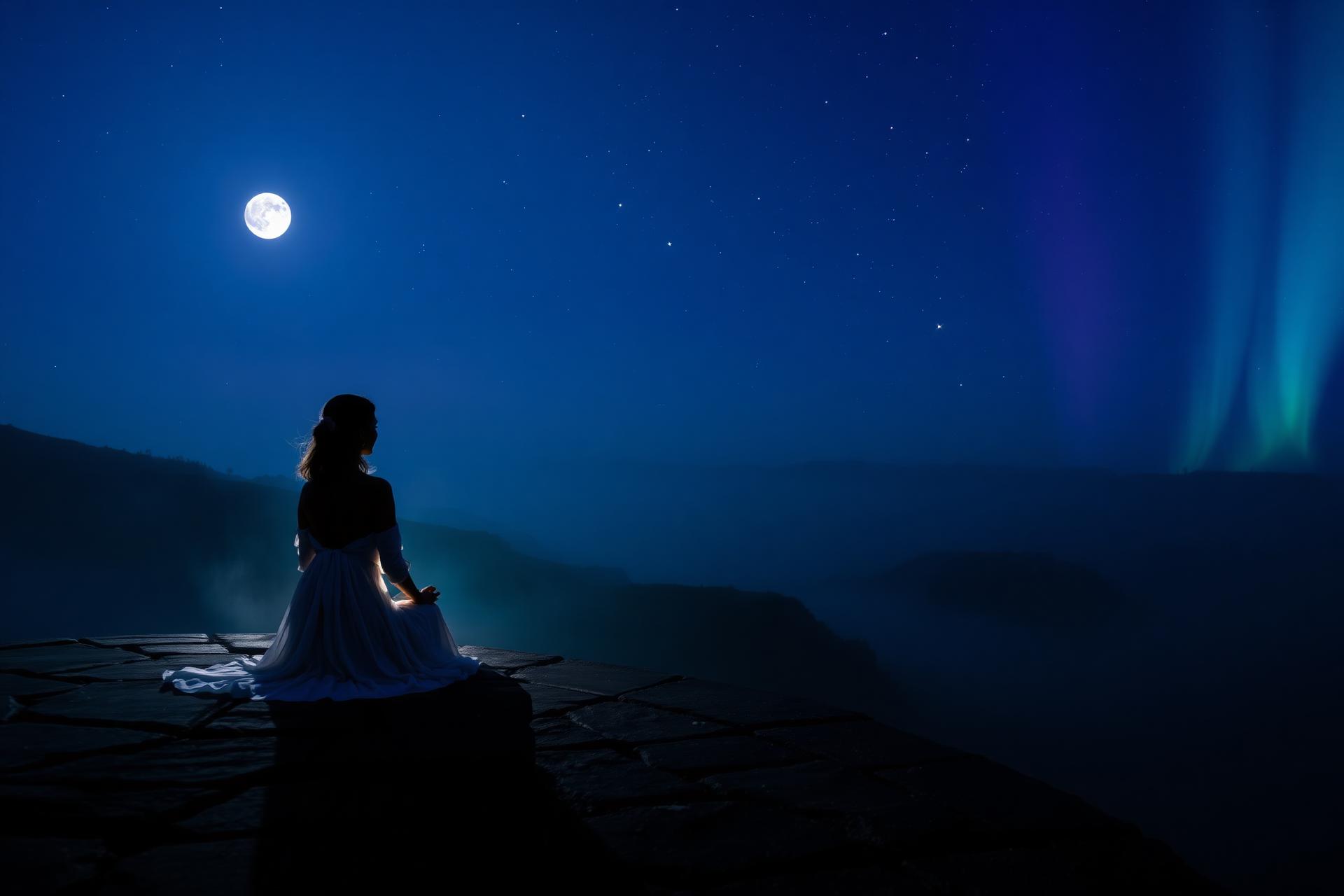 A woman sitting in quiet reflection under soft moonlight