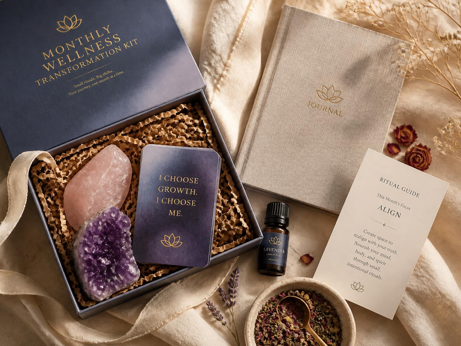 Monthly wellness transformation box with crystals, affirmation cards, journal, oil and ritual guide